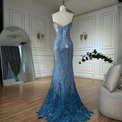 Vestidos de noche estilo sirena azul saudí sin tirantes, con cuentas, para ocasiones formales LA72901 2025