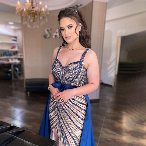 Vestido de fiesta árabe de lujo con escote corazón y cuentas, falda desmontable de sirena azul sexy, vestido formal de noche para mujer 2025 LA71786 