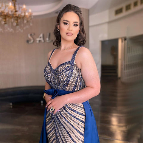 Vestido de fiesta árabe de lujo con escote corazón y cuentas, falda desmontable de sirena azul sexy, vestido formal de noche para mujer 2025 LA71786 