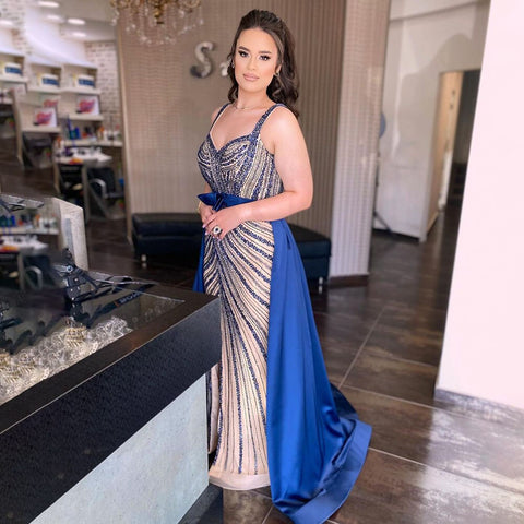 Vestido de fiesta árabe de lujo con escote corazón y cuentas, falda desmontable de sirena azul sexy, vestido formal de noche para mujer 2025 LA71786 