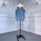 Sexy Blue Tube Top Long Sleeves Short Dresses Beaded Mermaid Feather Dress Cocktail Dresses For Women Party LA71770