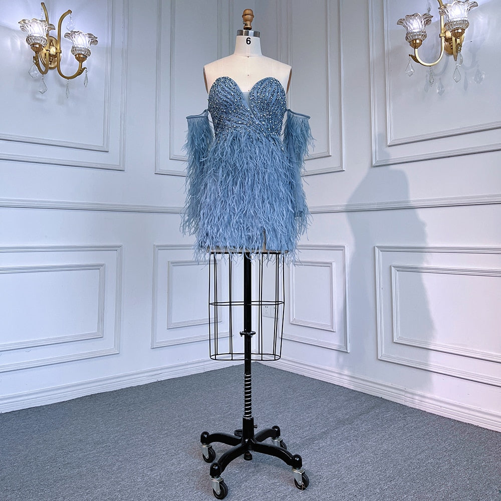 Sexy Blue Tube Top Long Sleeves Short Dresses Beaded Mermaid Feather Dress Cocktail Dresses For Women Party LA71770