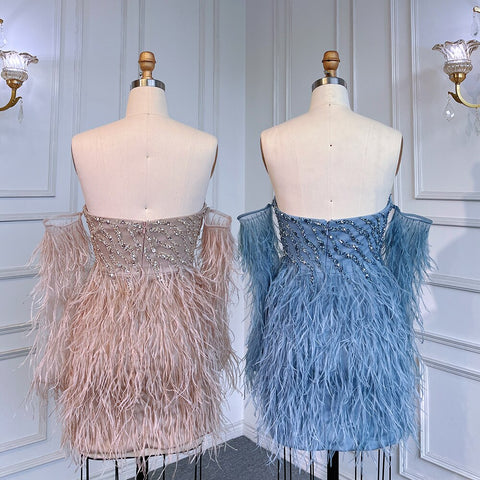 Vestido de cóctel sexy de manga larga con cuello halter y plumas de sirena, color azul, para fiesta, LA71770 