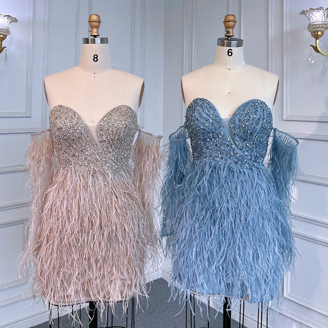 Vestido de cóctel sexy de manga larga con cuello halter y plumas de sirena, color azul, para fiesta, LA71770 