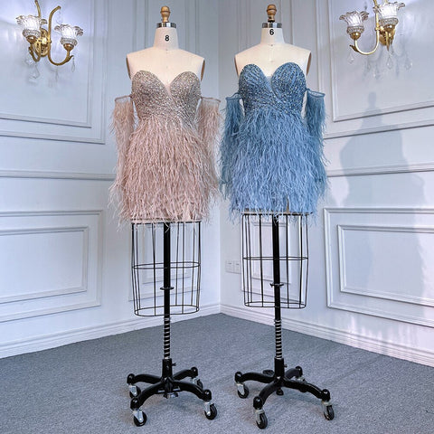 Vestido de cóctel sexy de manga larga con cuello halter y plumas de sirena, color azul, para fiesta, LA71770 