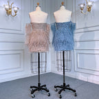 Sexy Blue Tube Top Long Sleeves Short Dresses Beaded Mermaid Feather Dress Cocktail Dresses For Women Party LA71770