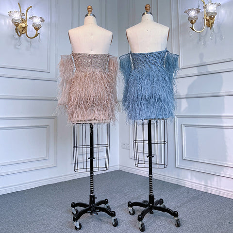 Vestido de cóctel sexy de manga larga con cuello halter y plumas de sirena, color azul, para fiesta, LA71770 