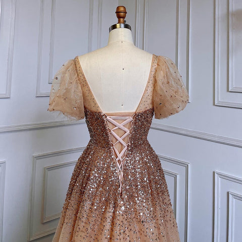 Vestidos de noche sexys dorados de corte A, de lujo, con cuentas brillantes y encaje, para mujer, fiesta, LA71153A 