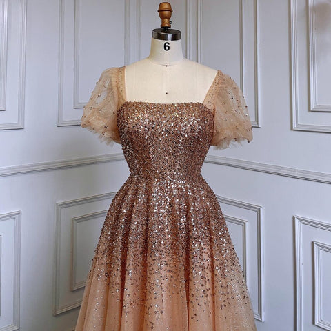 Vestidos de noche sexys dorados de corte A, de lujo, con cuentas brillantes y encaje, para mujer, fiesta, LA71153A 