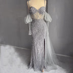 Sexy Gray Beaded  Party High Split  Spaghetti Straps Mermaid Balloon Sleeves Evening Dresses Gowns 2025 LA71571A