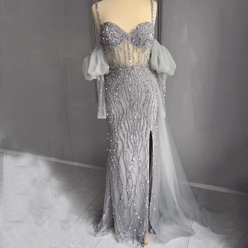Sexy Gray Beaded  Party High Split  Spaghetti Straps Mermaid Balloon Sleeves Evening Dresses Gowns 2025 LA71571A