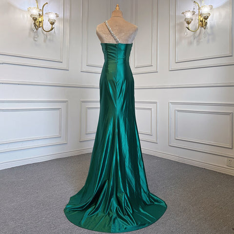 Vestido de noche árabe de satén verde sexy con un solo hombro, corte sirena, elegante y de lujo, con cuentas, para mujer, fiesta, LA71739 