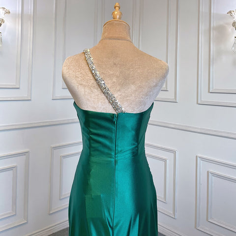 Vestido de noche árabe de satén verde sexy con un solo hombro, corte sirena, elegante y de lujo, con cuentas, para mujer, fiesta, LA71739 