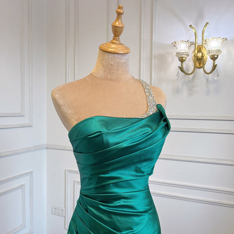 Vestido de noche árabe de satén verde sexy con un solo hombro, corte sirena, elegante y de lujo, con cuentas, para mujer, fiesta, LA71739 