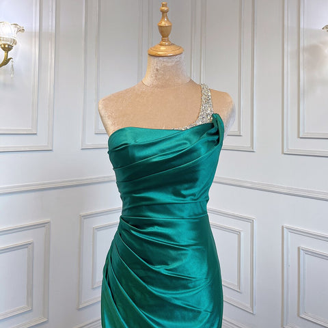 Vestido de noche árabe de satén verde sexy con un solo hombro, corte sirena, elegante y de lujo, con cuentas, para mujer, fiesta, LA71739 