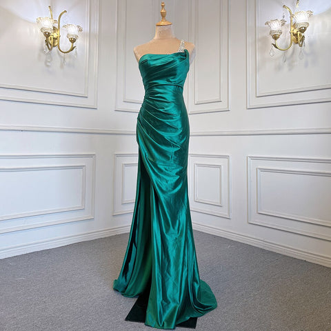 Vestido de noche árabe de satén verde sexy con un solo hombro, corte sirena, elegante y de lujo, con cuentas, para mujer, fiesta, LA71739 