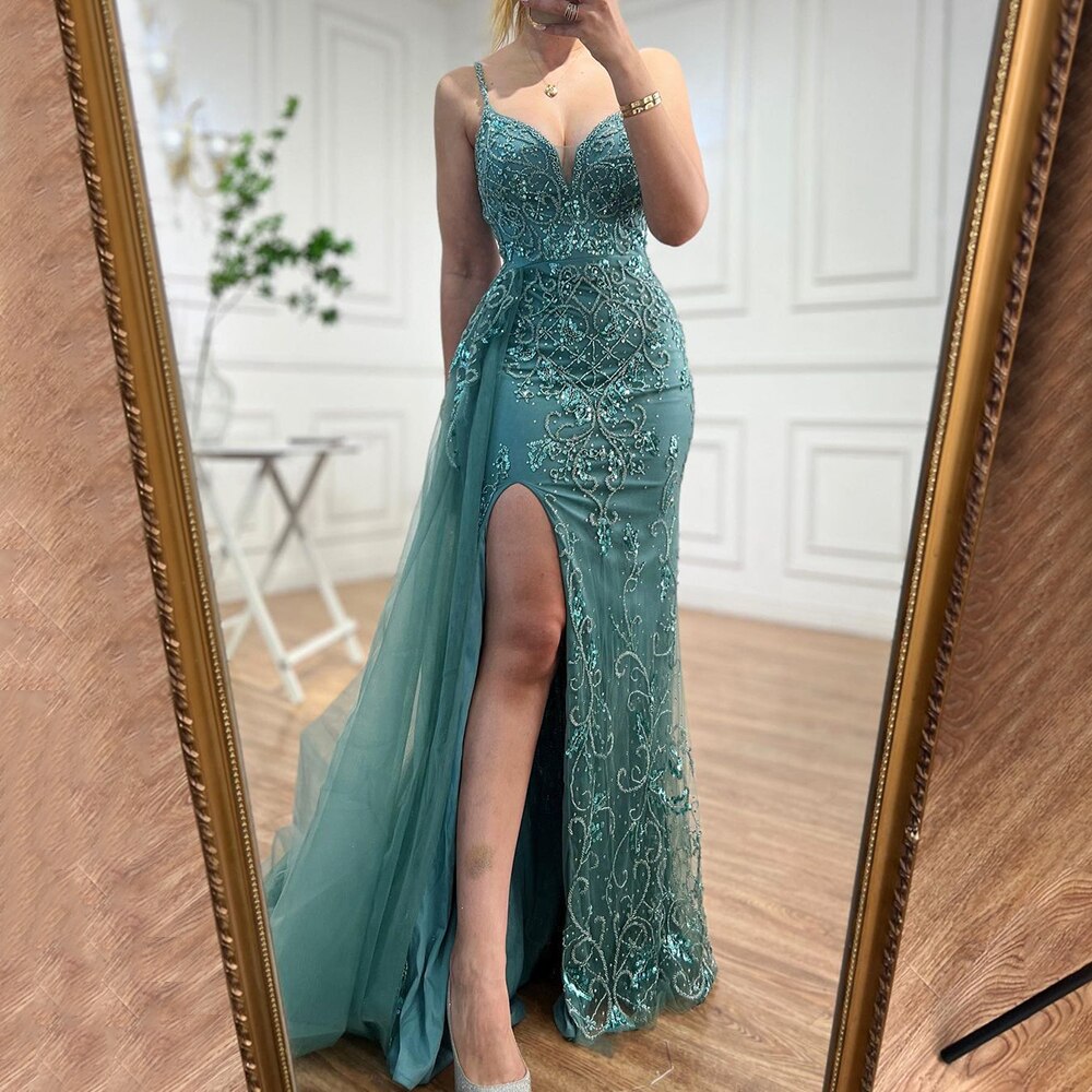 Sexy Green Spaghetti Straps High Split Arabic Evening Dresses Gowns Mermaid Beaded 2025 For Women Party LA71568