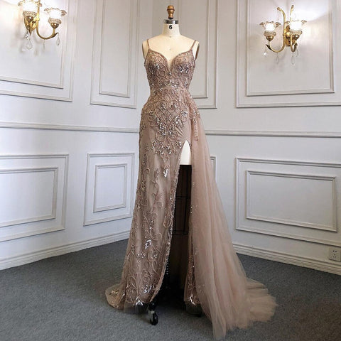 Vestido de noche árabe sexy con tirantes finos verdes y abertura alta, estilo sirena con cuentas, para mujer, fiesta, LA71568 