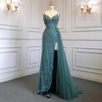 Sexy Green Spaghetti Straps High Split Arabic Evening Dresses Gowns Mermaid Beaded 2025 For Women Party LA71568