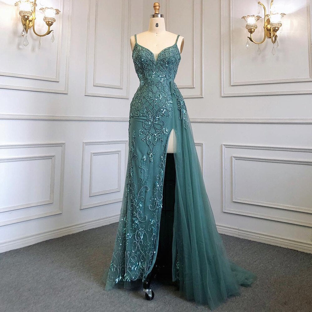 Sexy Green Spaghetti Straps High Split Arabic Evening Dresses Gowns Mermaid Beaded 2025 For Women Party LA71568