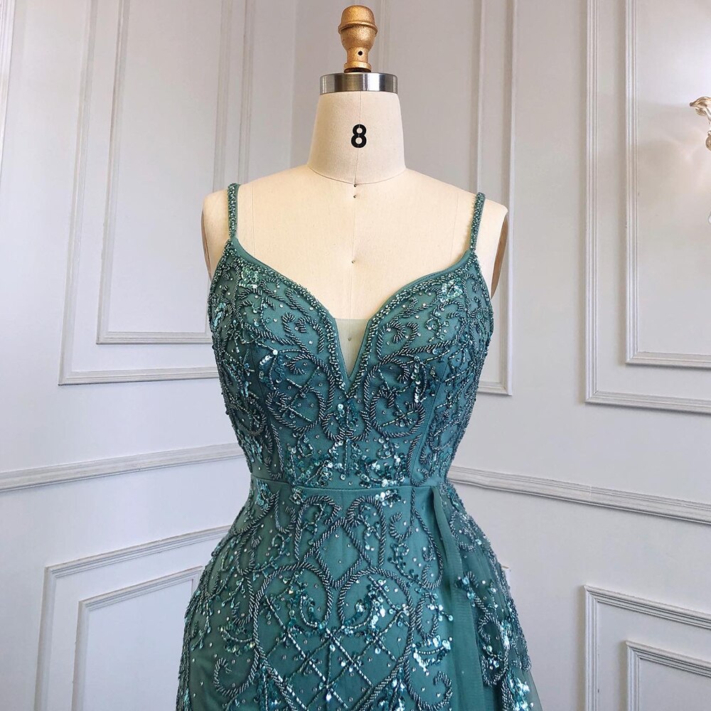 Sexy Green Spaghetti Straps High Split Arabic Evening Dresses Gowns Mermaid Beaded 2025 For Women Party LA71568