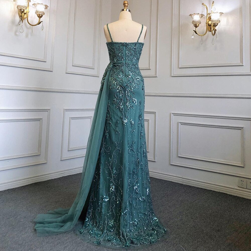 Sexy Green Spaghetti Straps High Split Arabic Evening Dresses Gowns Mermaid Beaded 2025 For Women Party LA71568