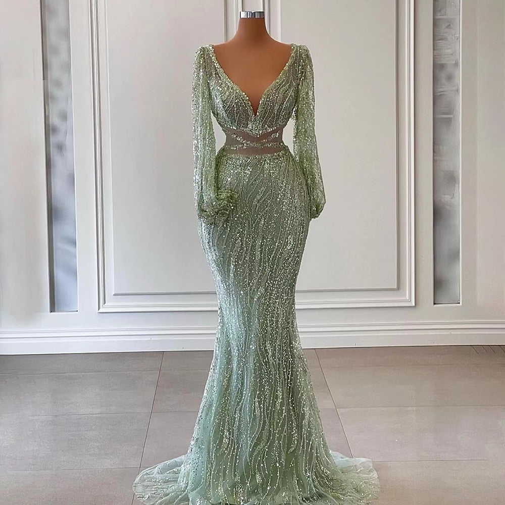 Sexy Mint Mermaid Elegant V-Neck Beaded Luxury Arabic Shiny Evening Dresses Gowns For Women Party 2025 LA71784