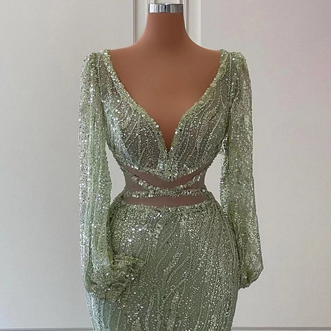 Vestido de noche elegante, elegante, con escote en V, cuentas y apliques de sirena, de lujo, estilo árabe, brillante, para mujer, para fiesta, 2025, LA71784 