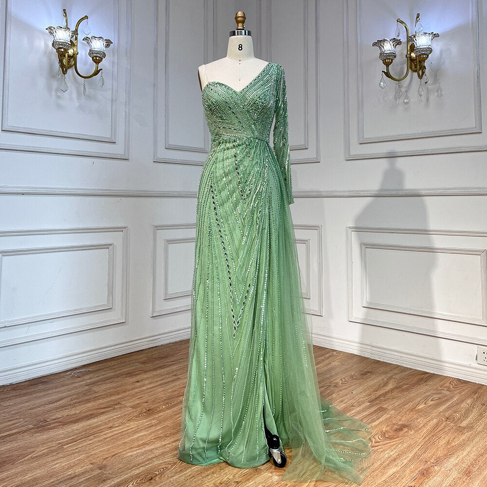 Sexy One Shoulder Split Mint Mermaid Beaded Arabic Evening Dresses Gowns For Woman Wedding Party 2025 LA71859