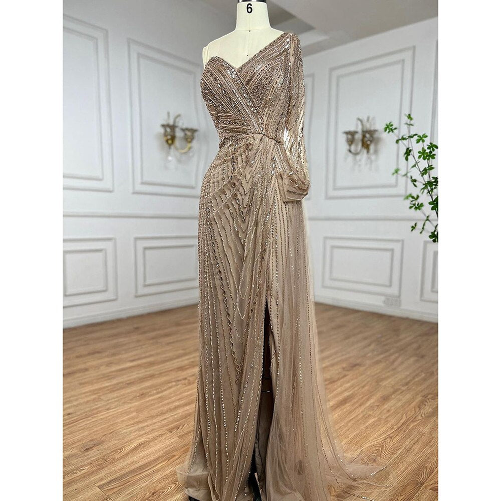 Sexy One Shoulder Split Mint Mermaid Beaded Arabic Evening Dresses Gowns For Woman Wedding Party 2025 LA71859