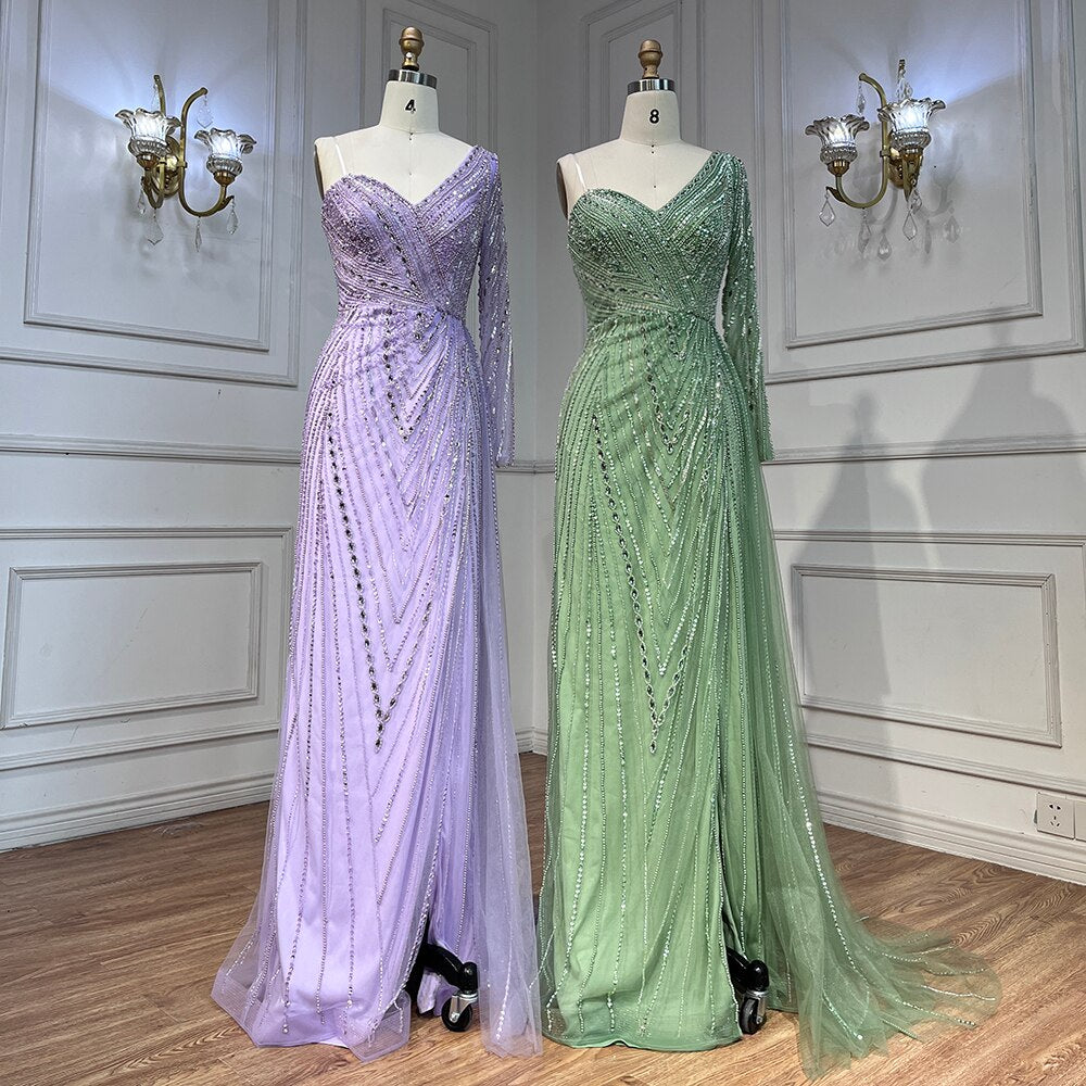 Sexy One Shoulder Split Mint Mermaid Beaded Arabic Evening Dresses Gowns For Woman Wedding Party 2025 LA71859