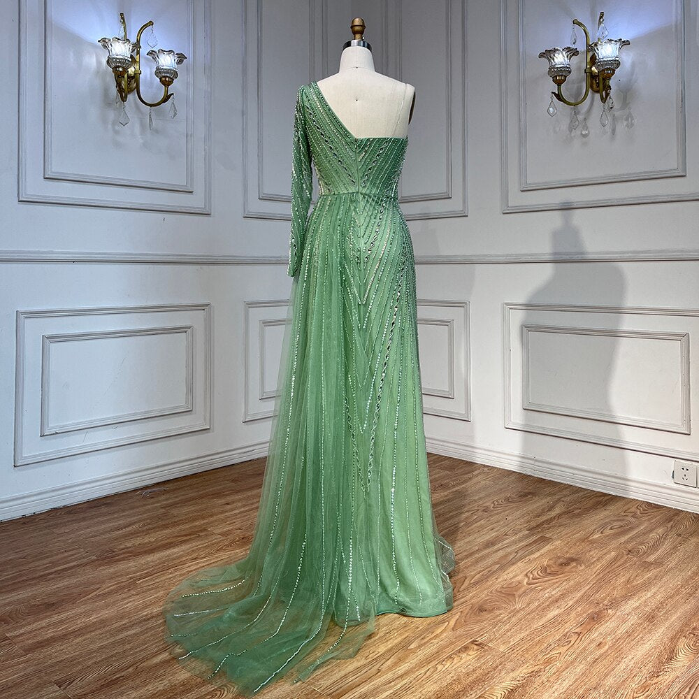 Sexy One Shoulder Split Mint Mermaid Beaded Arabic Evening Dresses Gowns For Woman Wedding Party 2025 LA71859