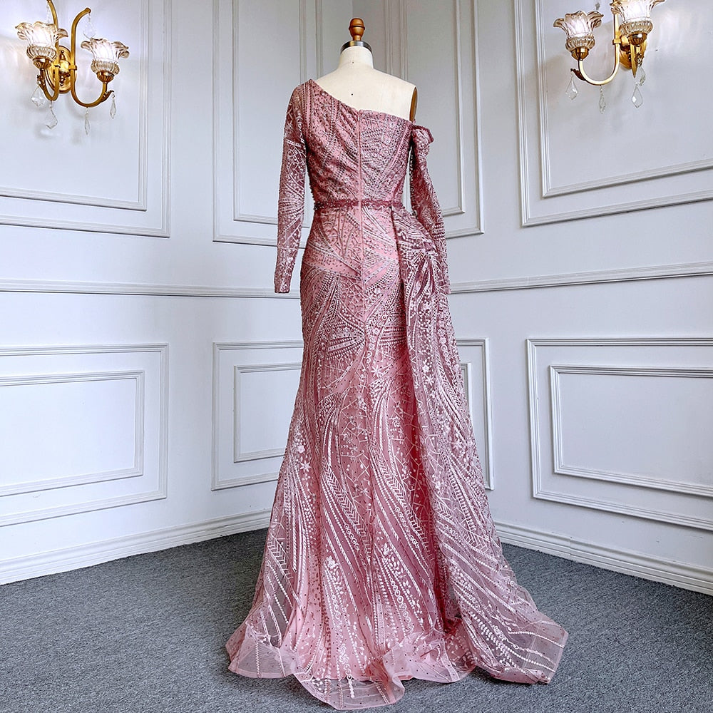 Sexy Pink Mermaid Elegant One Shoulder With Overskirt Luxury Beaded Evening Dresses Gowns For Women Party LA71771