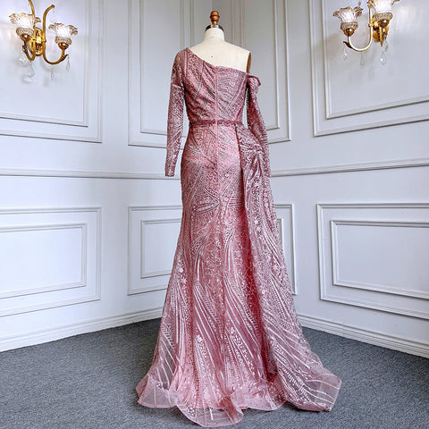 Vestido de noche elegante de sirena rosa sexy con un hombro al descubierto y sobrefalda, de lujo, con cuentas, para mujer, fiesta, LA71771 