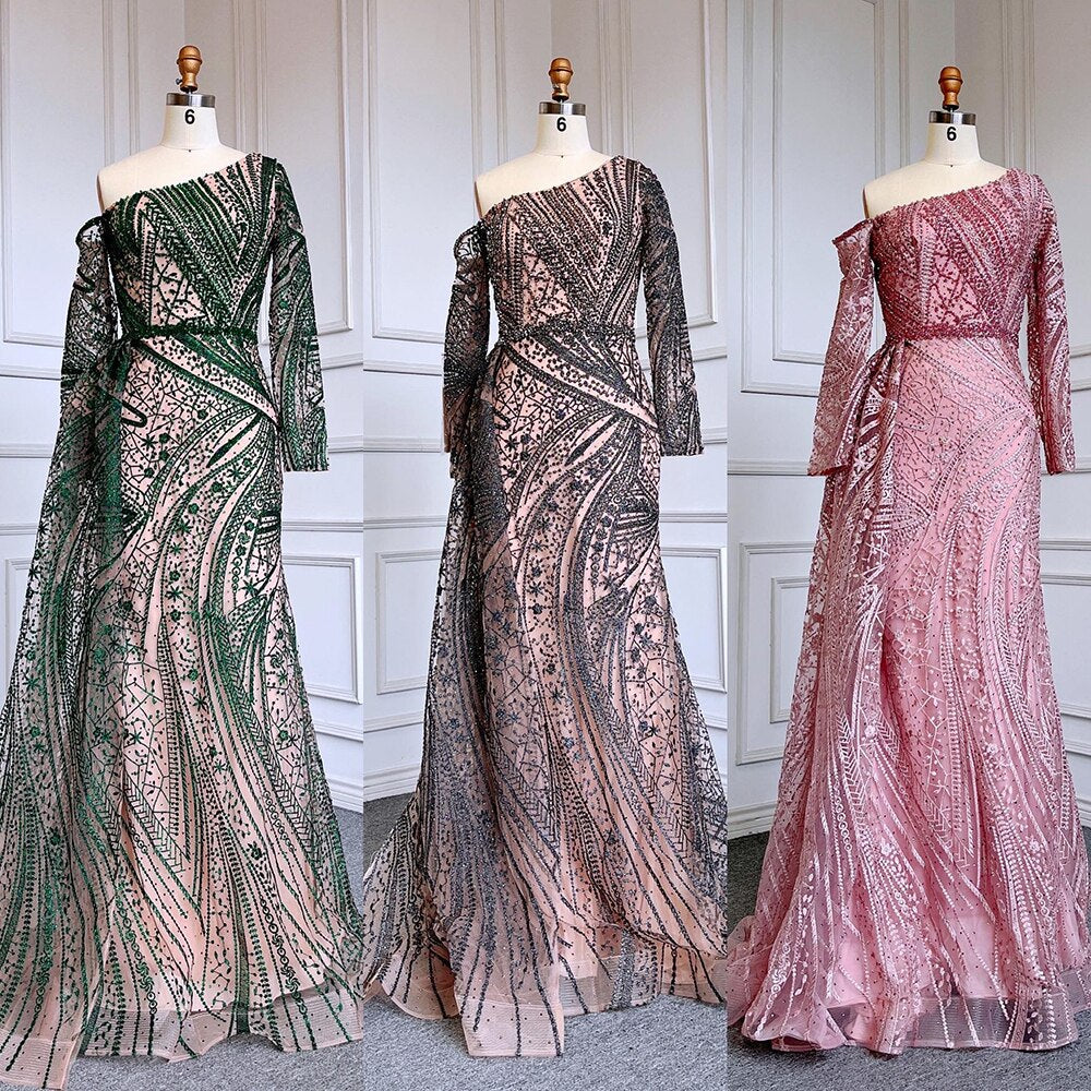 Sexy Pink Mermaid Elegant One Shoulder With Overskirt Luxury Beaded Evening Dresses Gowns For Women Party LA71771