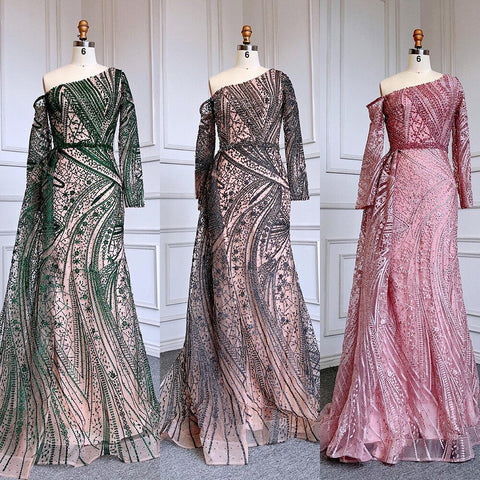 Vestido de noche elegante de sirena rosa sexy con un hombro al descubierto y sobrefalda, de lujo, con cuentas, para mujer, fiesta, LA71771 