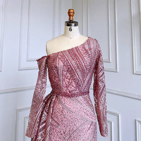 Vestido de noche elegante de sirena rosa sexy con un hombro al descubierto y sobrefalda, de lujo, con cuentas, para mujer, fiesta, LA71771 
