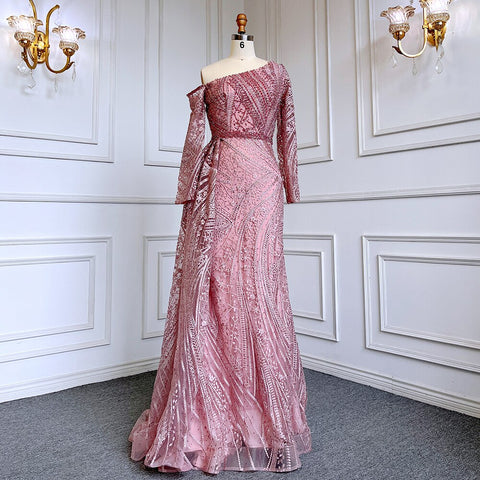 Vestido de noche elegante de sirena rosa sexy con un hombro al descubierto y sobrefalda, de lujo, con cuentas, para mujer, fiesta, LA71771 