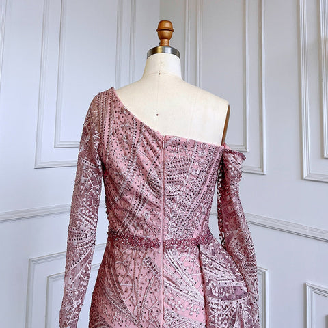 Vestido de noche elegante de sirena rosa sexy con un hombro al descubierto y sobrefalda, de lujo, con cuentas, para mujer, fiesta, LA71771 