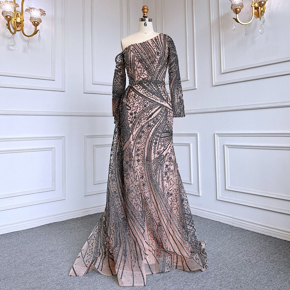Sexy Pink Mermaid Elegant One Shoulder With Overskirt Luxury Beaded Evening Dresses Gowns For Women Party LA71771