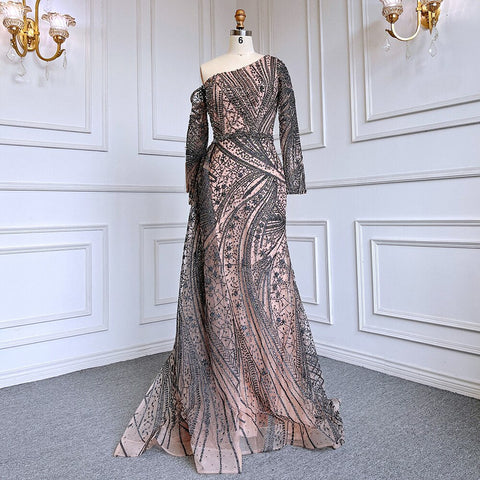 Vestido de noche elegante de sirena rosa sexy con un hombro al descubierto y sobrefalda, de lujo, con cuentas, para mujer, fiesta, LA71771 