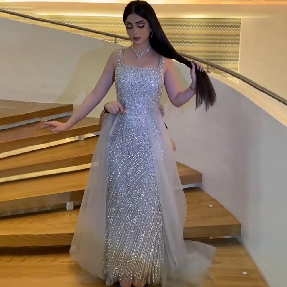 Sexy Silver Mermaid Detachable Skirt Beaded Luxury  Arabic Evening Dresses Gowns 2025 For Women Party LA71618