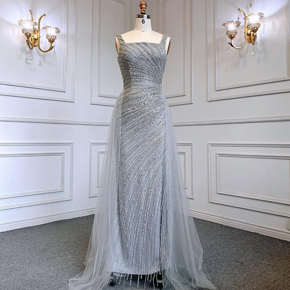 Sexy Silver Mermaid Detachable Skirt Beaded Luxury  Arabic Evening Dresses Gowns 2025 For Women Party LA71618