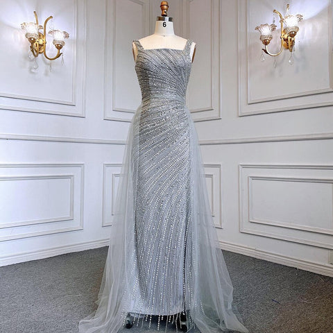 Vestido de noche árabe de lujo con cuentas y falda desmontable de sirena plateada sexy 2025 para mujer, fiesta LA71618 