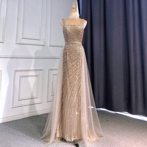 Vestido de noche árabe de lujo con cuentas y falda desmontable de sirena plateada sexy 2025 para mujer, fiesta LA71618 