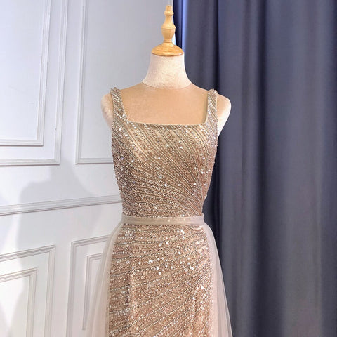 Vestido de noche árabe de lujo con cuentas y falda desmontable de sirena plateada sexy 2025 para mujer, fiesta LA71618 