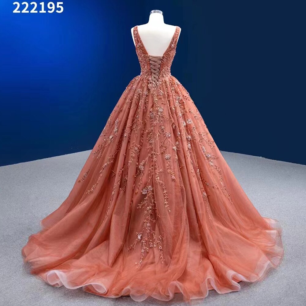 Sexy Sleeveless V Neck Orange Appliques Beaded Lace Up Bride Gowns Wedding Dress 2025 High End Custom Made HM222195