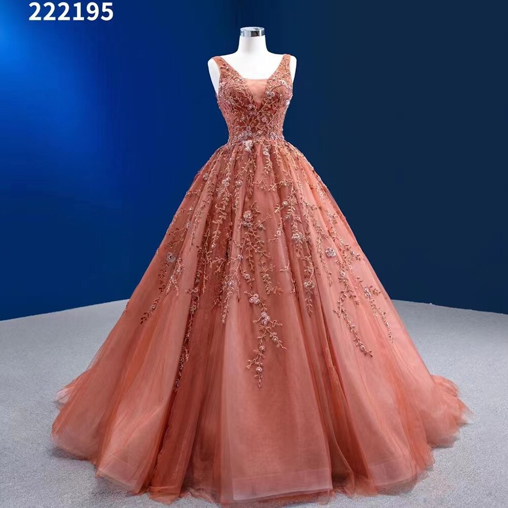 Sexy Sleeveless V Neck Orange Appliques Beaded Lace Up Bride Gowns Wedding Dress 2025 High End Custom Made HM222195