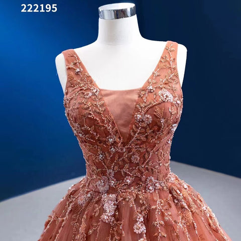 Vestido de novia sexy sin mangas con escote en V, apliques naranjas, cuentas y cordones, de alta gama, hecho a medida, HM222195, 2025 