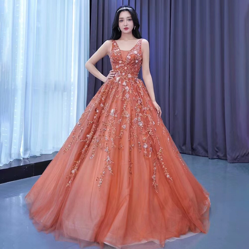 Sexy Sleeveless V Neck Orange Appliques Beaded Lace Up Bride Gowns Wedding Dress 2025 High End Custom Made HM222195